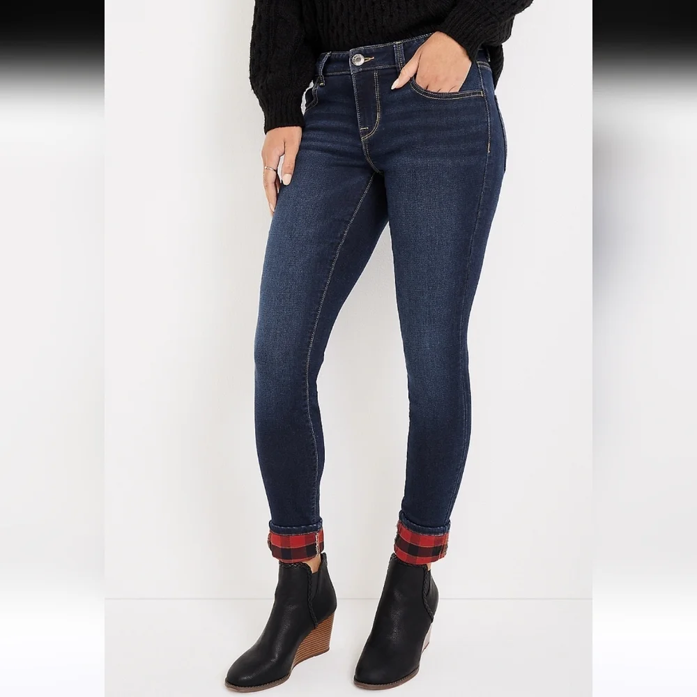 Maurices Sz S Super Soft Plaid Cuff Mid Rise Jeans Skinny Bx-3168